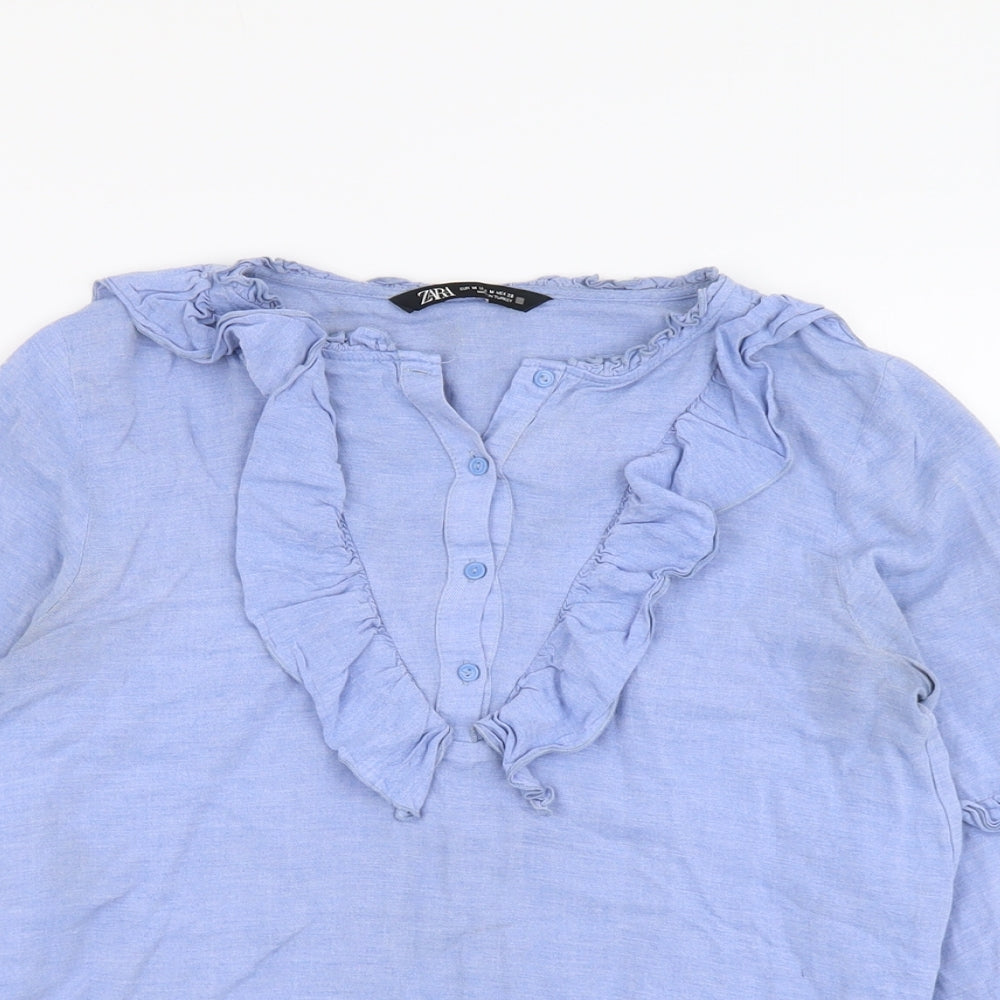 Zara Womens Blue Viscose Basic Blouse Size M Round Neck