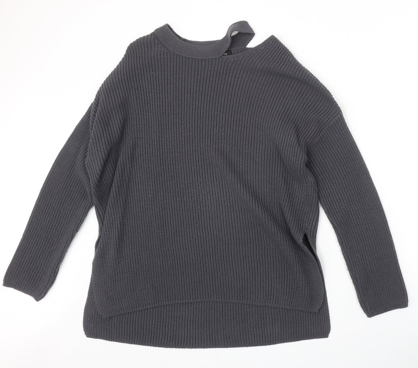 New Look Womens Grey Round Neck Acrylic Pullover Jumper Size 8 - Cut Out Detail