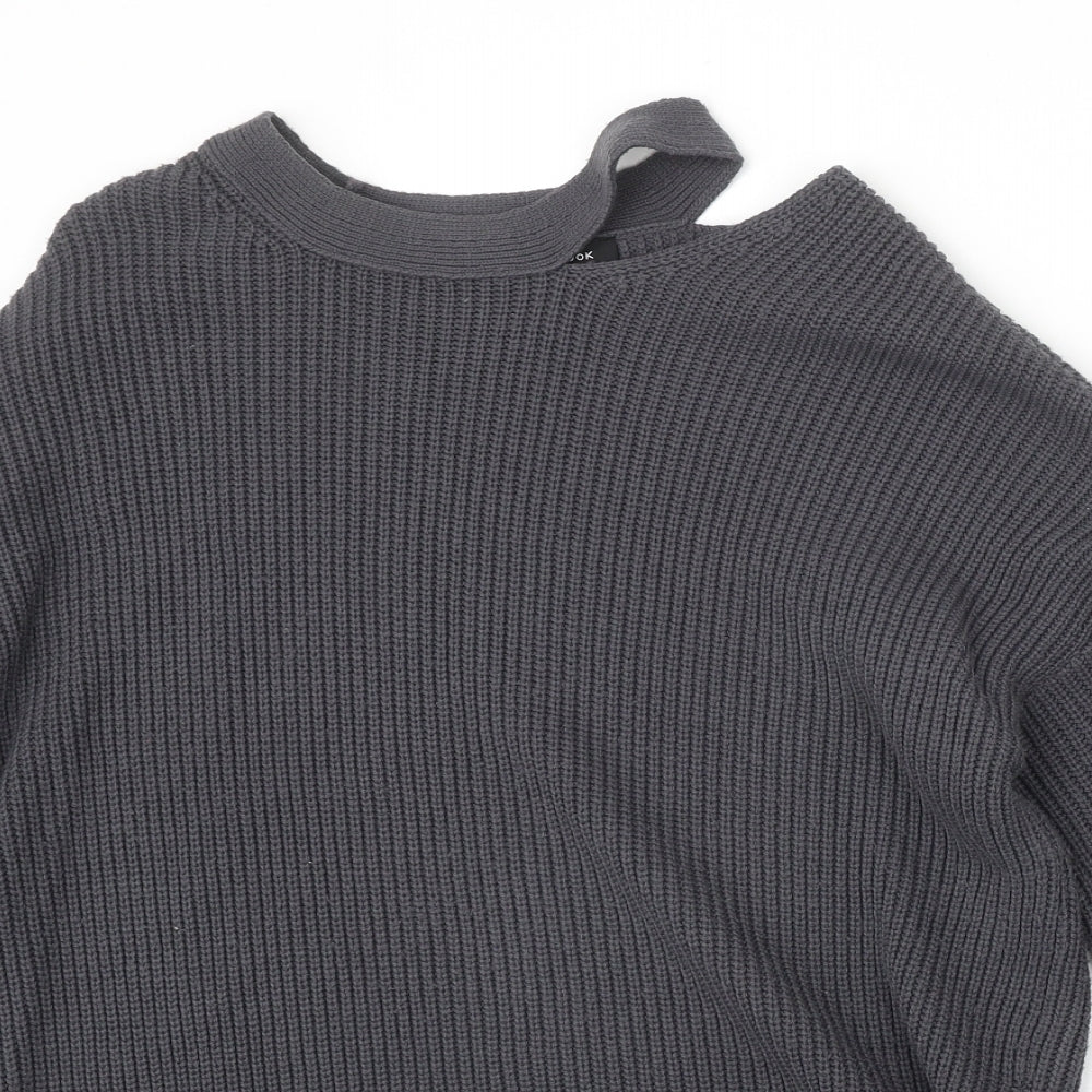 New Look Womens Grey Round Neck Acrylic Pullover Jumper Size 8 - Cut Out Detail