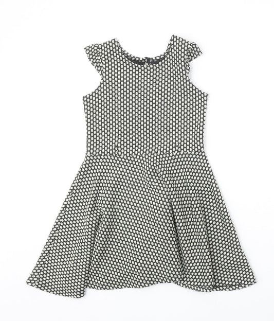 Nutmeg Girls Black Geometric Acrylic Fit & Flare Size 6-7 Years Round Neck Button