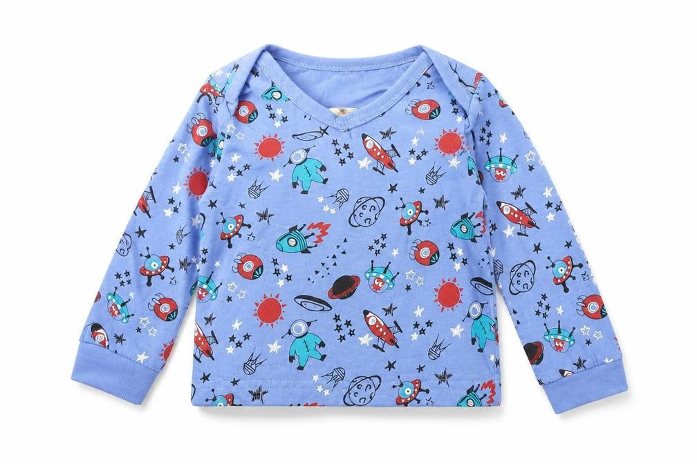 Lullaby Boys Blue Geometric Polyester Basic T-Shirt Size 6-9 Months Round Neck Pullover - Space
