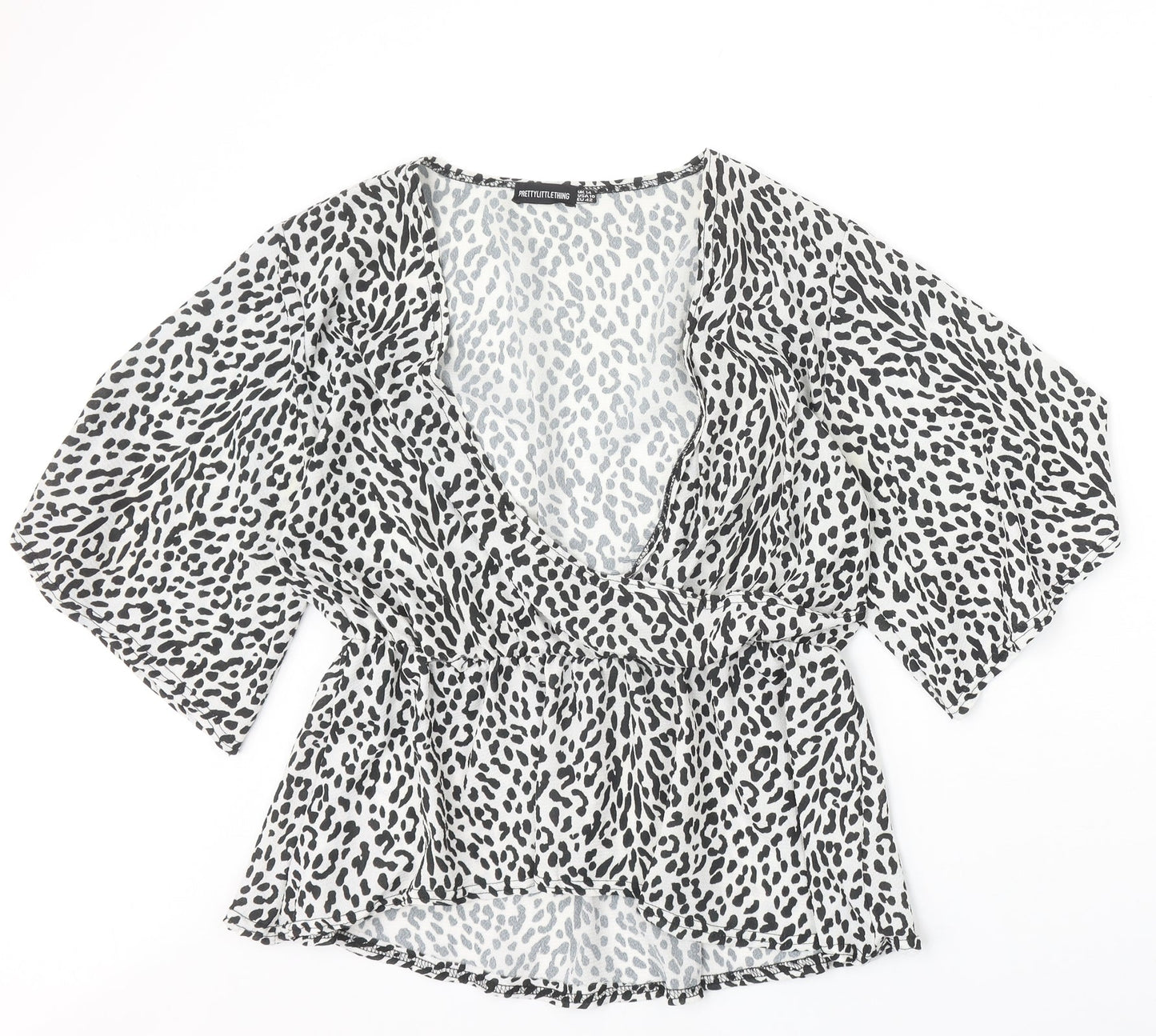 PRETTYLITTLETHING Womens White Animal Print Polyester Basic Blouse Size 14 V-Neck - Leopard Print Angel Sleeve