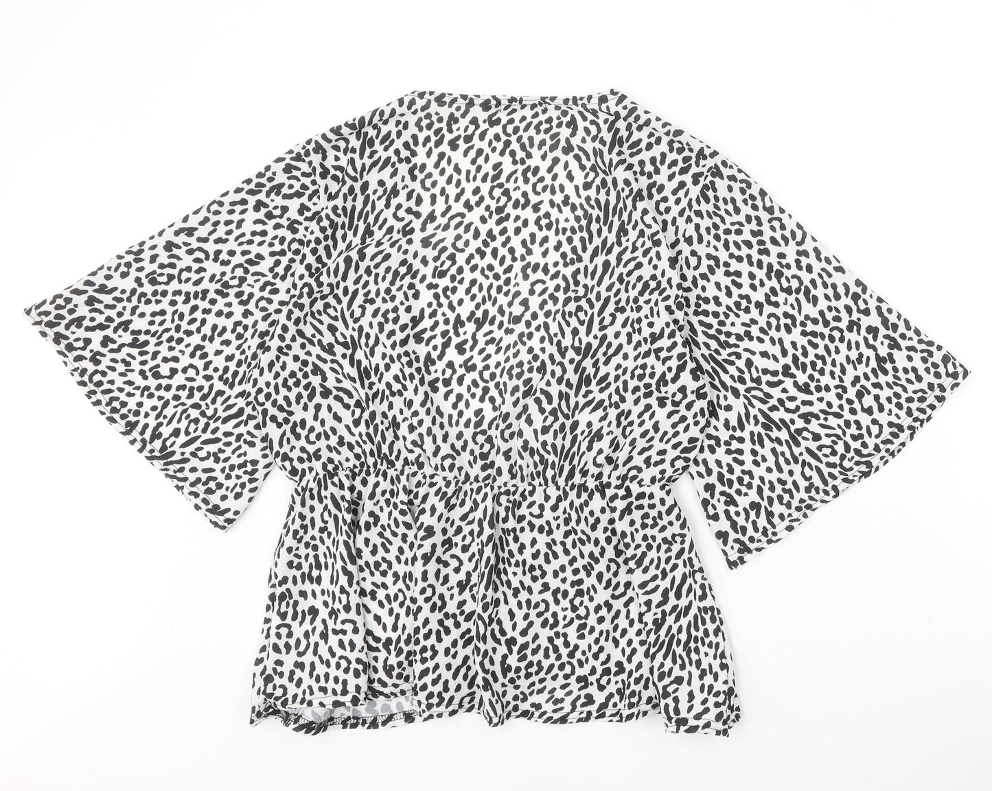 PRETTYLITTLETHING Womens White Animal Print Polyester Basic Blouse Size 14 V-Neck - Leopard Print Angel Sleeve