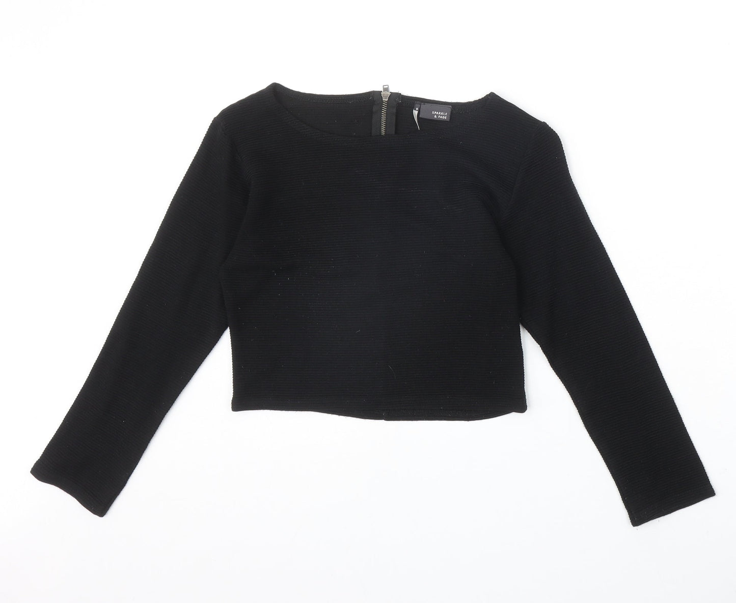 Sparkle & Fade Womens Black Acrylic Cropped T-Shirt Size S Boat Neck