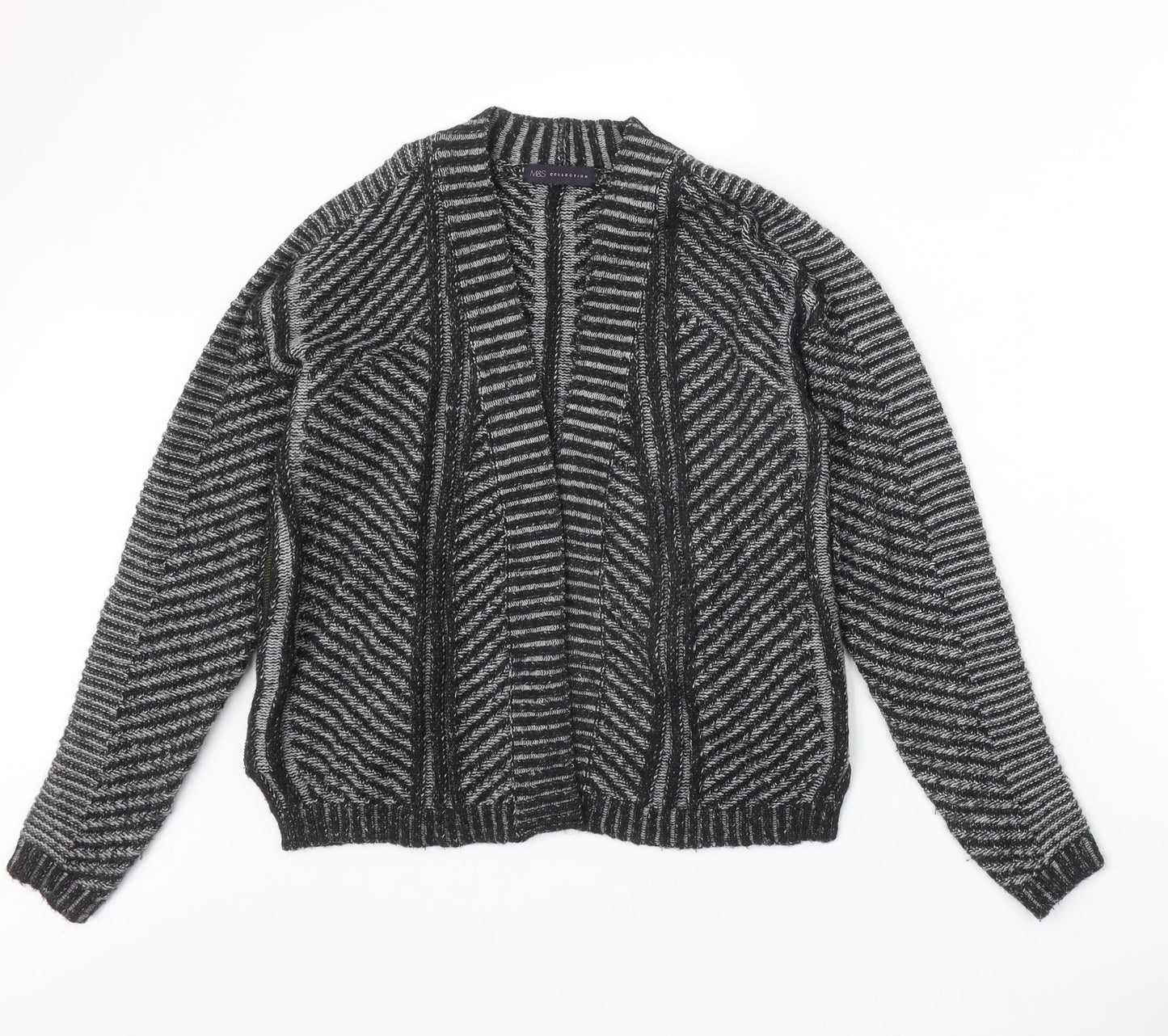 Marks and Spencer Womens Black V-Neck Striped Acrylic Cardigan Jumper Size 14