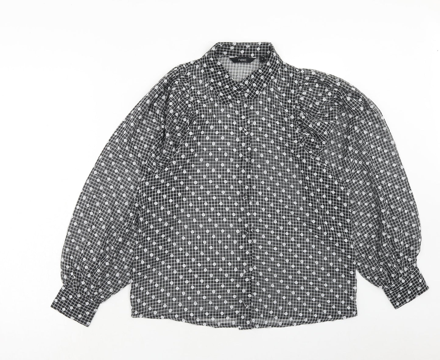 NEXT Womens Black Geometric Polyester Basic Button-Up Size 10 Collared