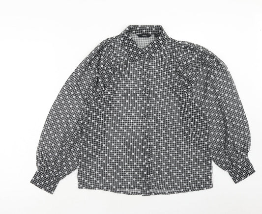 NEXT Womens Black Geometric Polyester Basic Button-Up Size 10 Collared