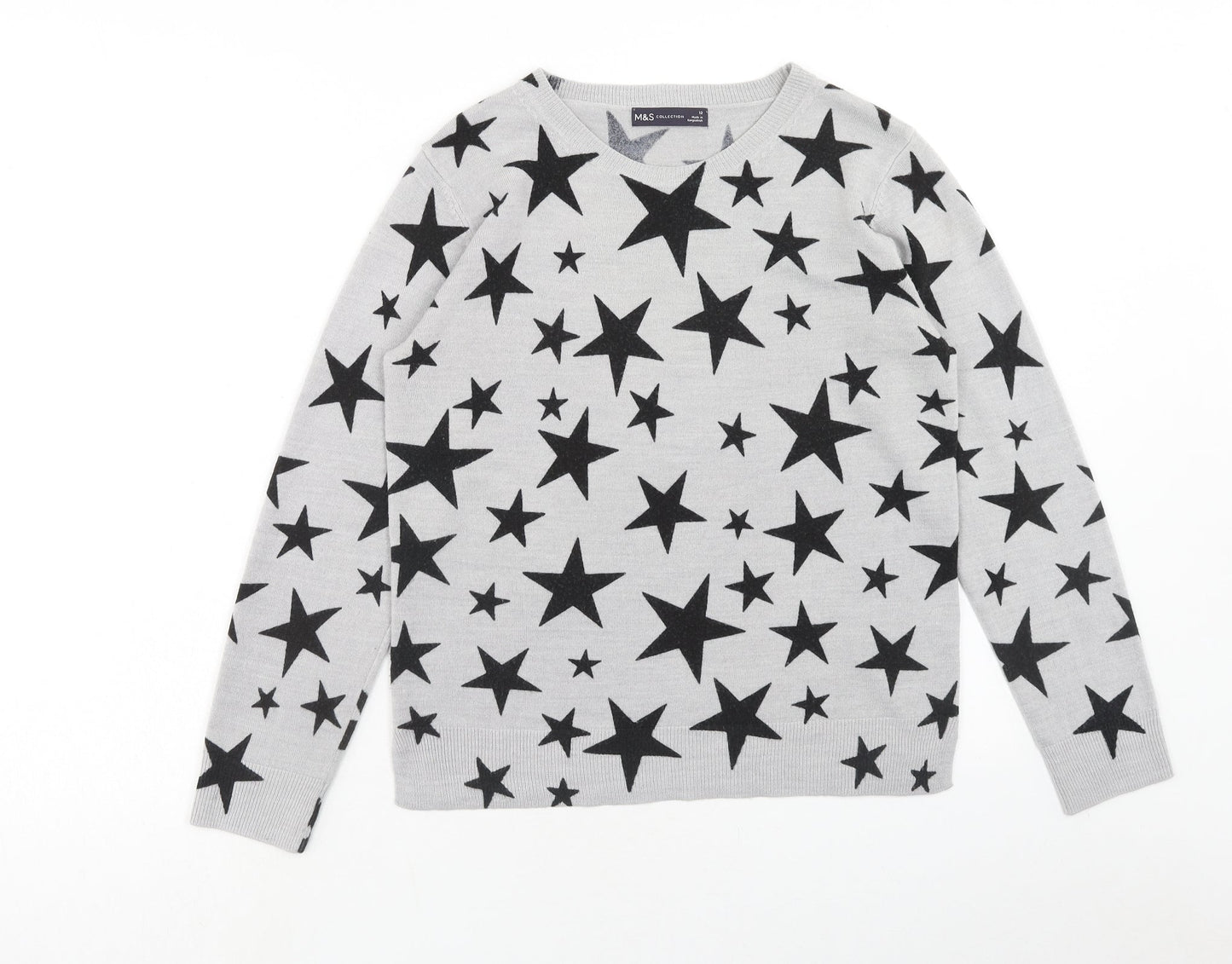Marks and Spencer Womens Grey Boat Neck Geometric Acrylic Pullover Jumper Size 12 - Star Print