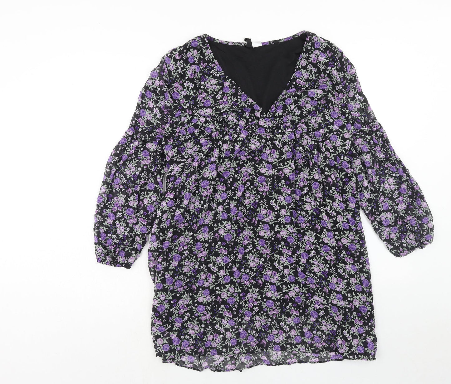 H&M Womens Purple Floral Polyester A-Line Size M V-Neck Pullover