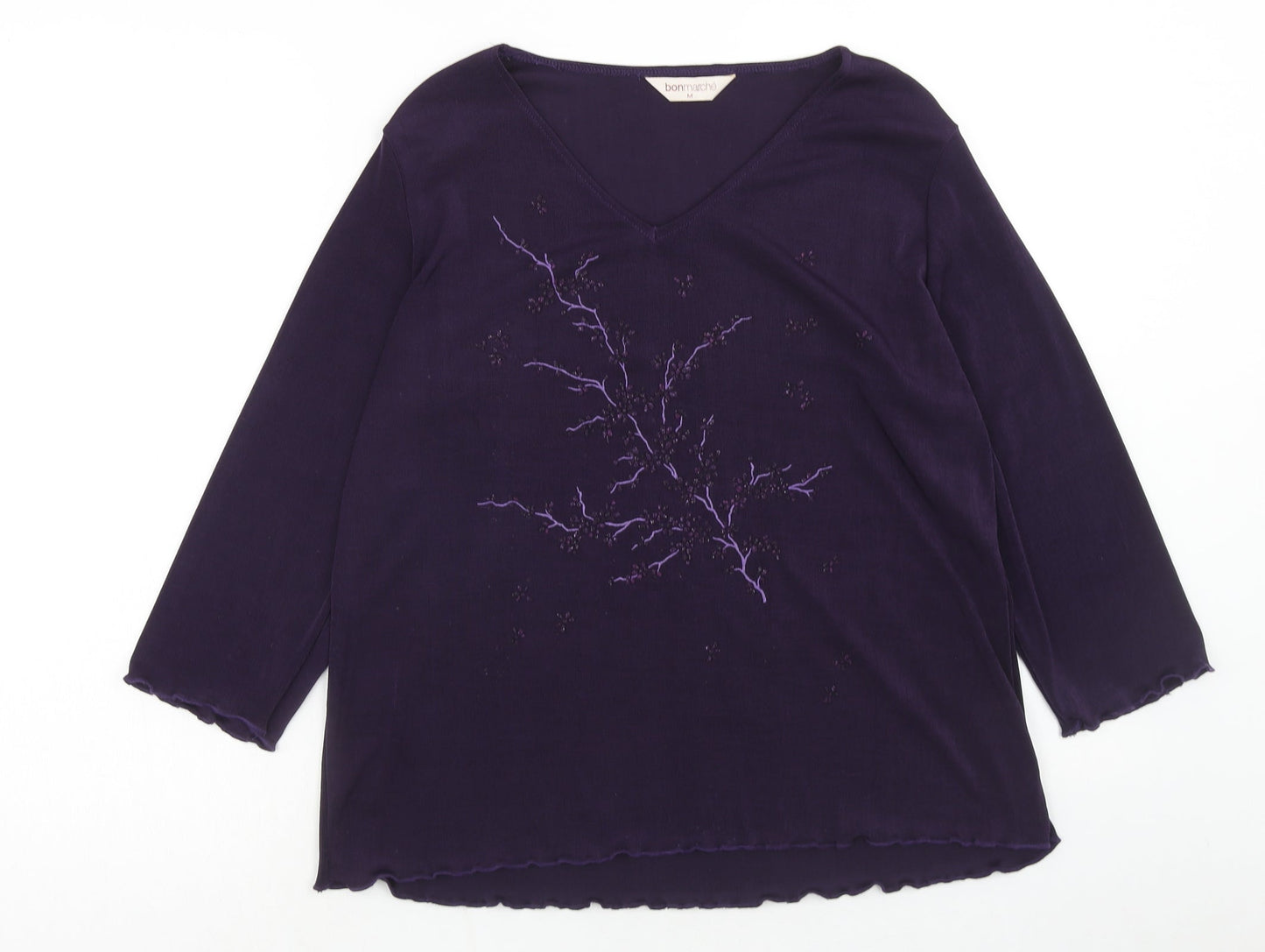 Bonmarché Womens Purple Polyester Basic Blouse Size M V-Neck - Lettuce Hem