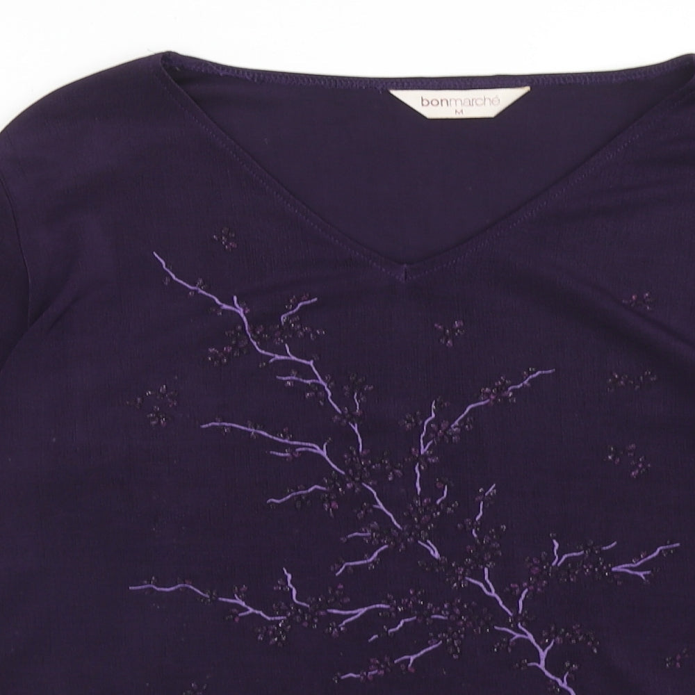 Bonmarché Womens Purple Polyester Basic Blouse Size M V-Neck - Lettuce Hem