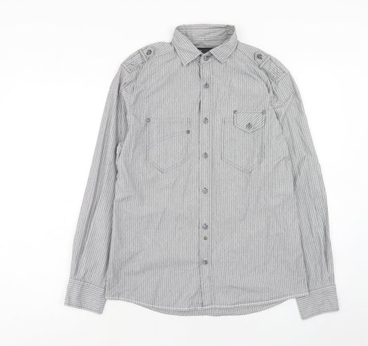 NEXT Mens Grey Striped Cotton Button-Up Size S Collared Button