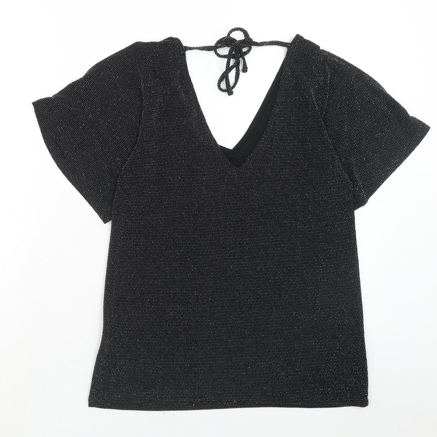 Peacocks Womens Black Polyamide Basic Blouse Size 8 V-Neck