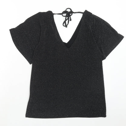 Peacocks Womens Black Polyamide Basic Blouse Size 8 V-Neck