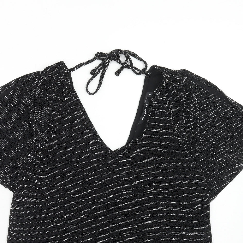 Peacocks Womens Black Polyamide Basic Blouse Size 8 V-Neck