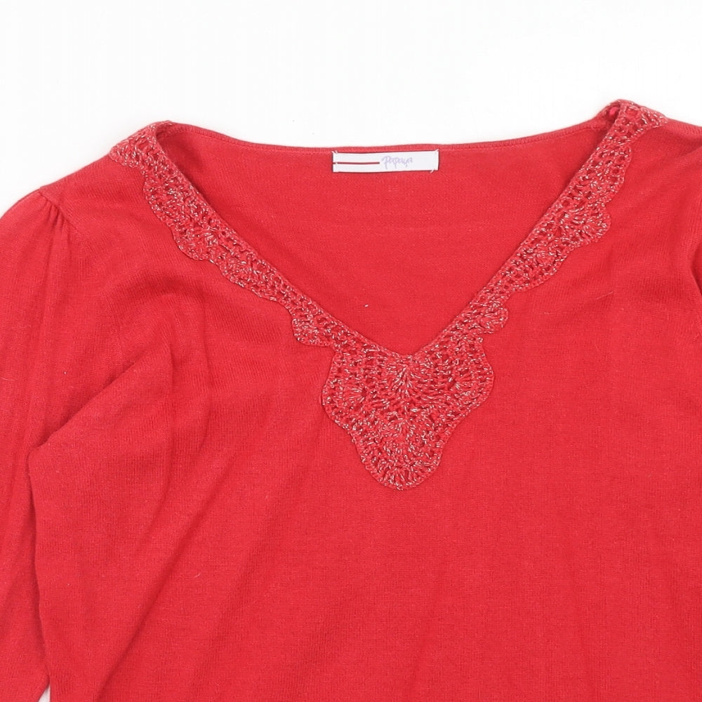 papaya Womens Red V-Neck Viscose Pullover Jumper Size 14