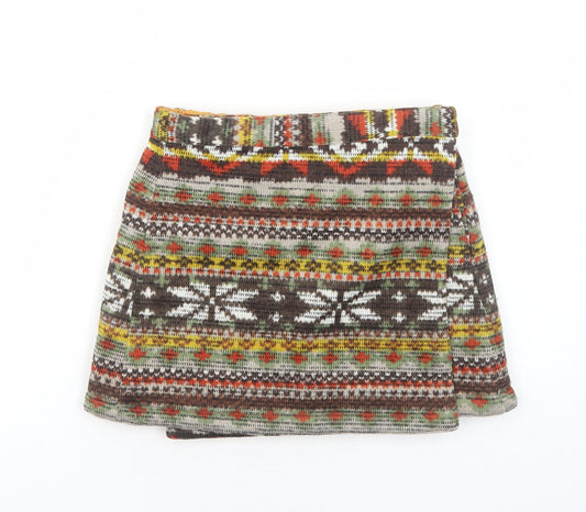 Preworn Womens Yellow Fair Isle Polyester Mini Skirt Size 6 Snap