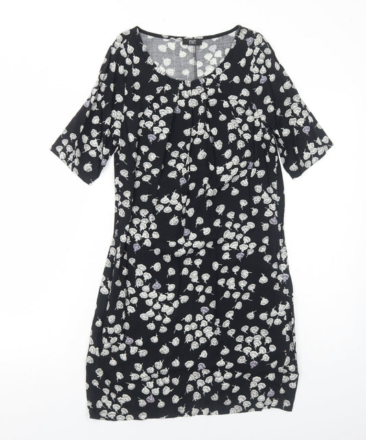 FF&F Womens Black Floral Viscose T-Shirt Dress Size 6 Boat Neck Pullover