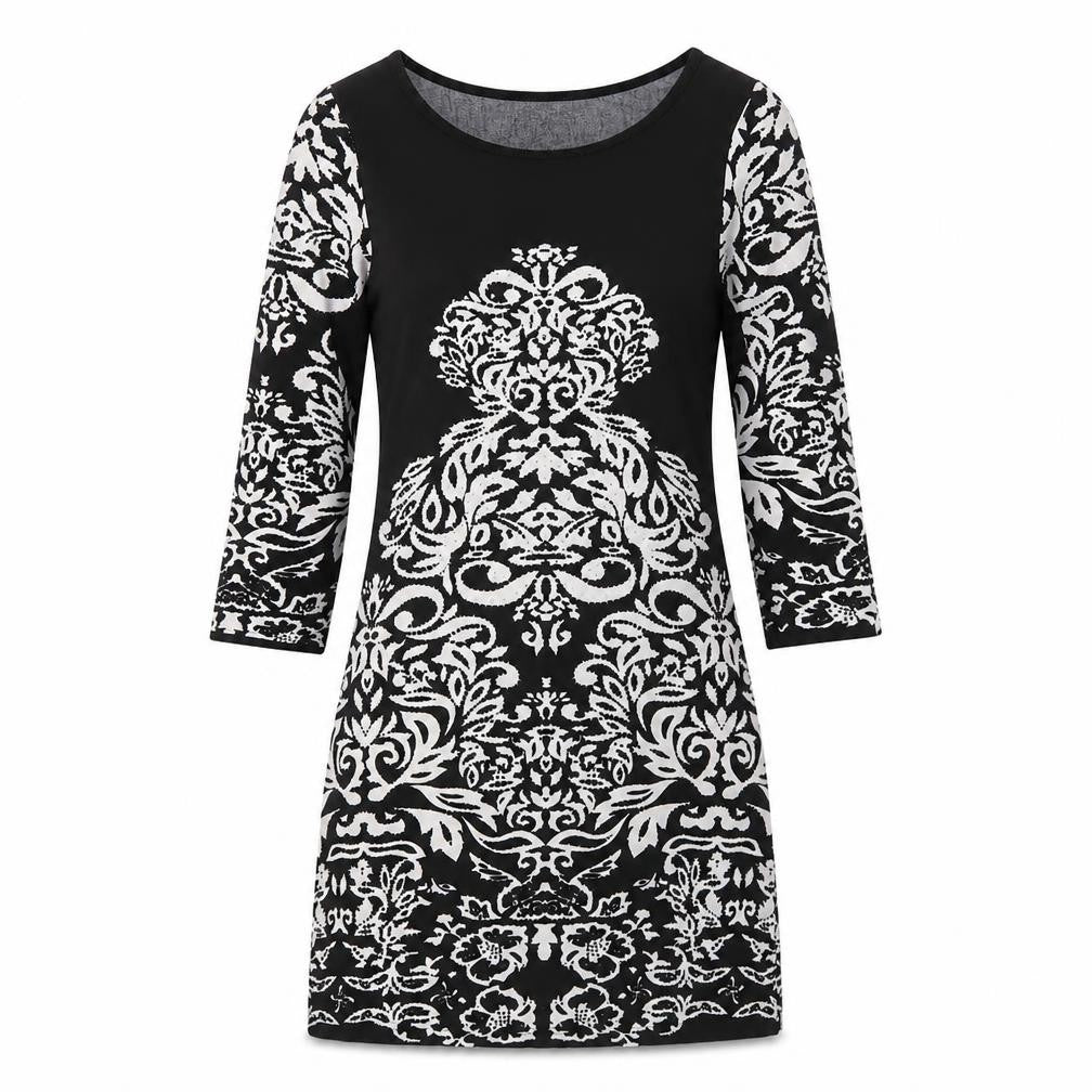 Klass Womens Black Geometric Polyester Mini Size S Boat Neck Pullover
