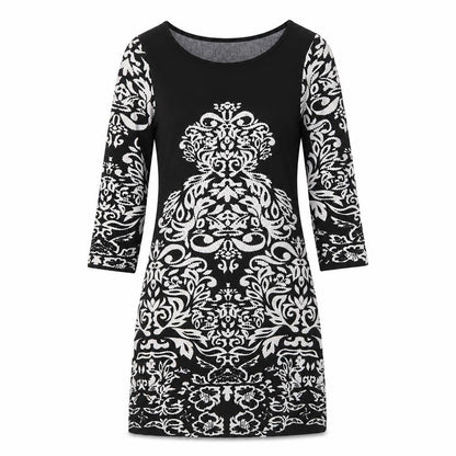 Klass Womens Black Geometric Polyester Mini Size S Boat Neck Pullover