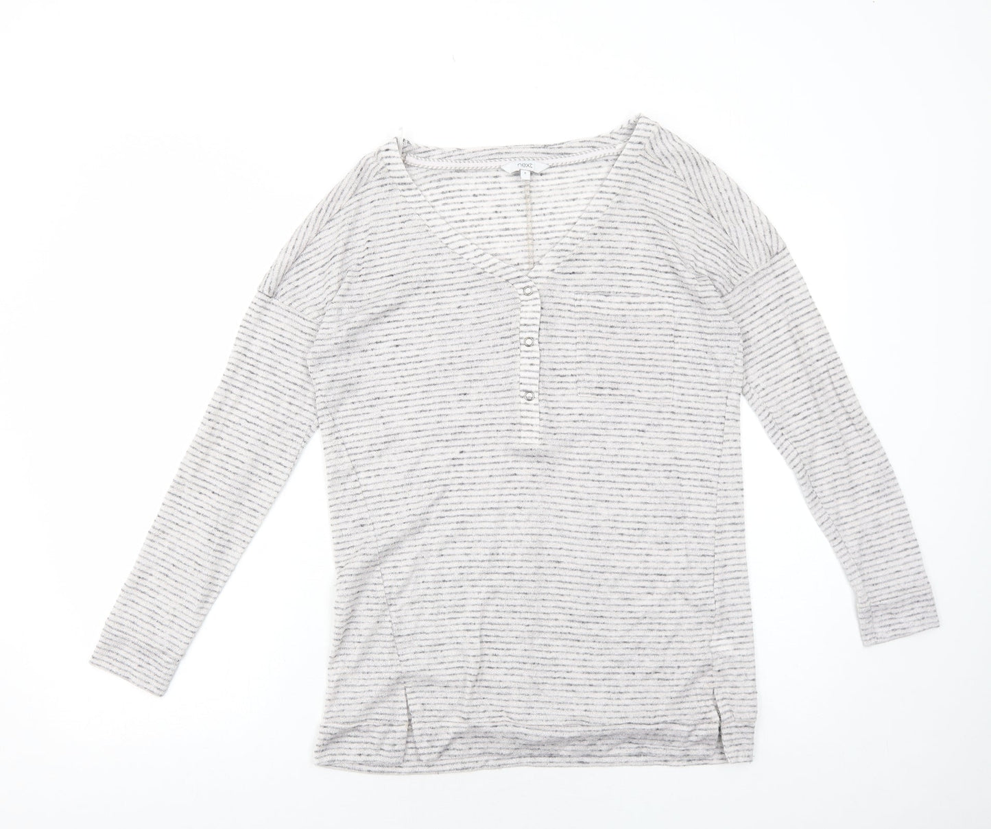 NEXT Womens White Striped Polyester Basic T-Shirt Size 8 V-Neck