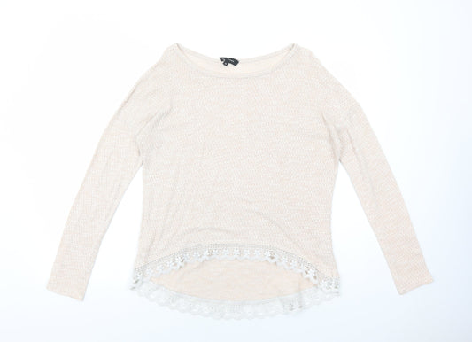 New Look Womens Pink Polyester Basic T-Shirt Size 12 Round Neck - Lace Detail