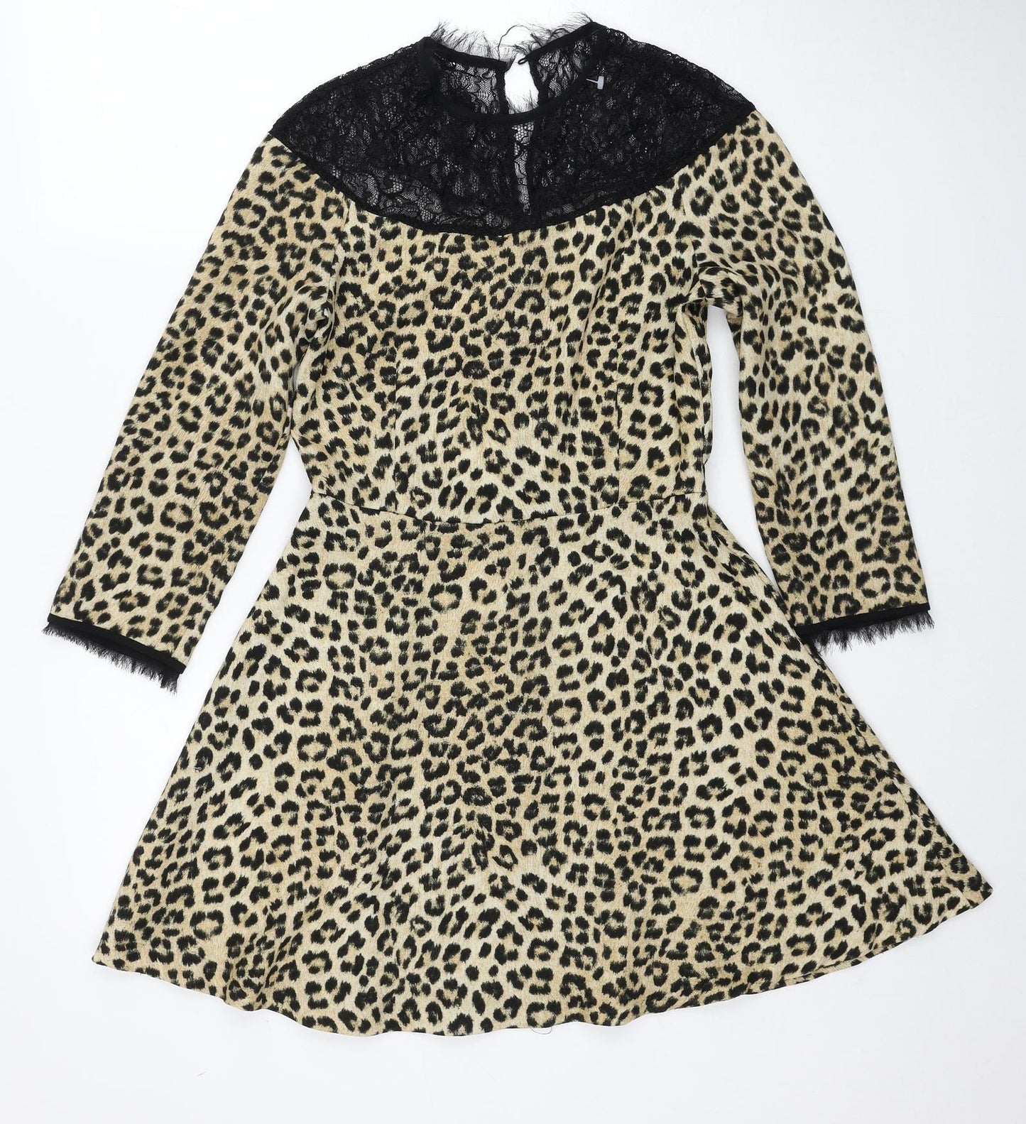 Zara Womens Beige Animal Print Polyester Fit & Flare Size S Round Neck Zip - Leopard Pattern