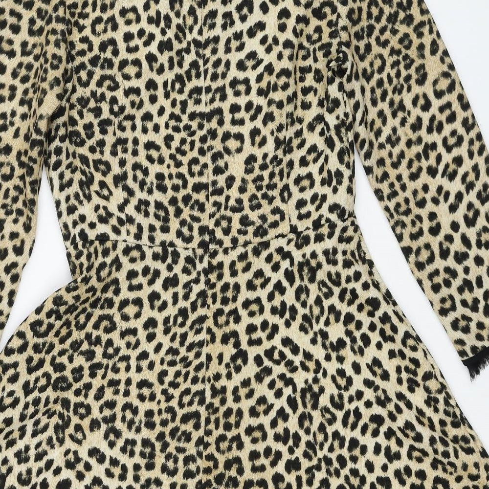 Zara Womens Beige Animal Print Polyester Fit & Flare Size S Round Neck Zip - Leopard Pattern