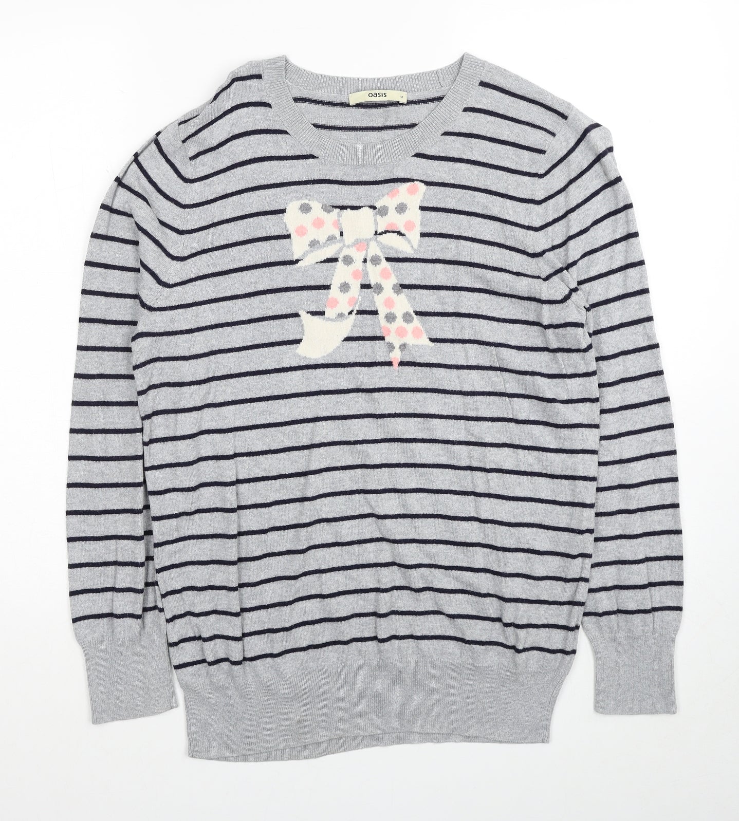 Oasis Womens Grey Round Neck Striped Cotton Pullover Jumper Size M - Ribbon