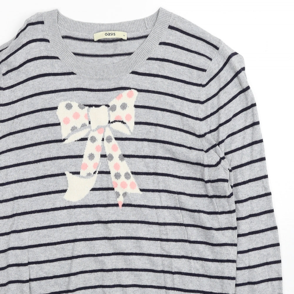 Oasis Womens Grey Round Neck Striped Cotton Pullover Jumper Size M - Ribbon