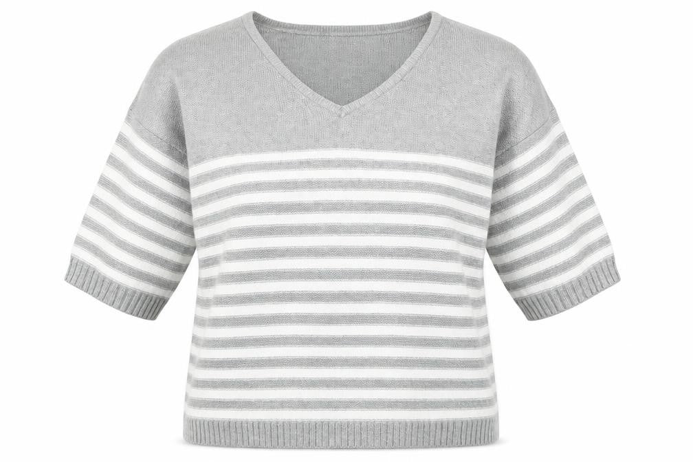 Gap Womens Grey V-Neck Striped Cotton Pullover Jumper Size L
