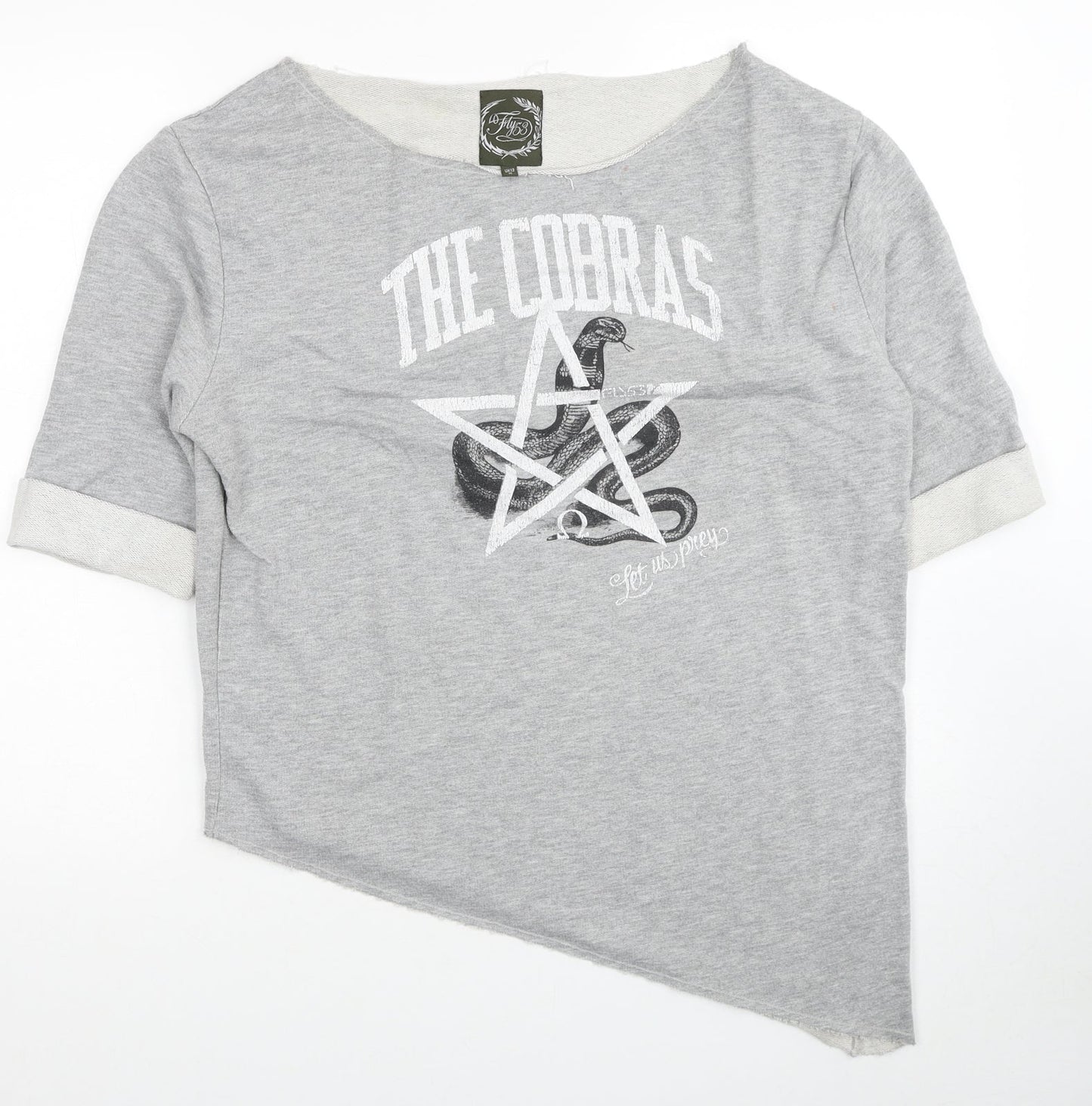 FLY53 Womens Grey Cotton Basic T-Shirt Size 12 Boat Neck - The Cobras, Asymmteric