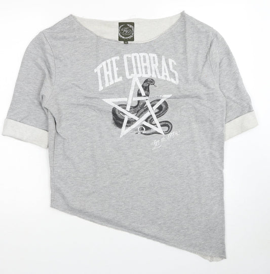 FLY53 Womens Grey Cotton Basic T-Shirt Size 12 Boat Neck - The Cobras, Asymmteric