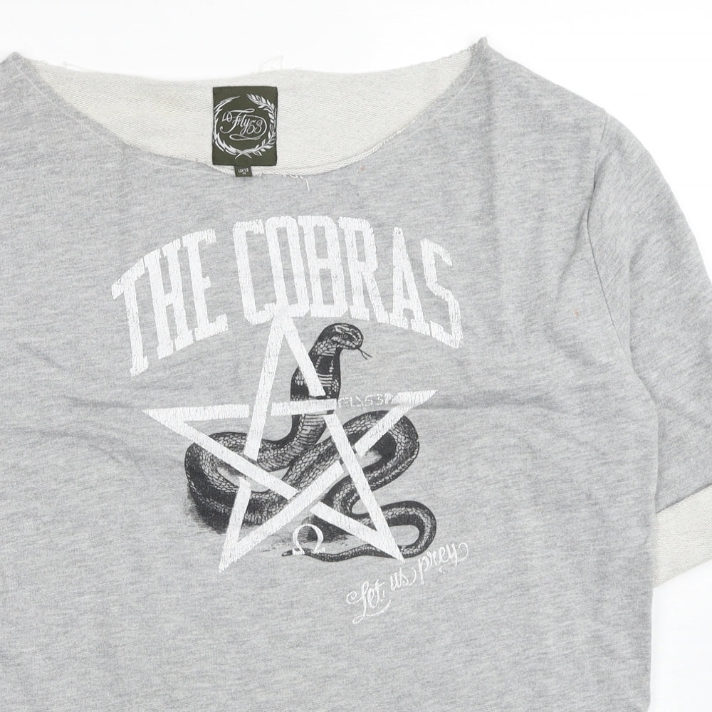 FLY53 Womens Grey Cotton Basic T-Shirt Size 12 Boat Neck - The Cobras, Asymmteric