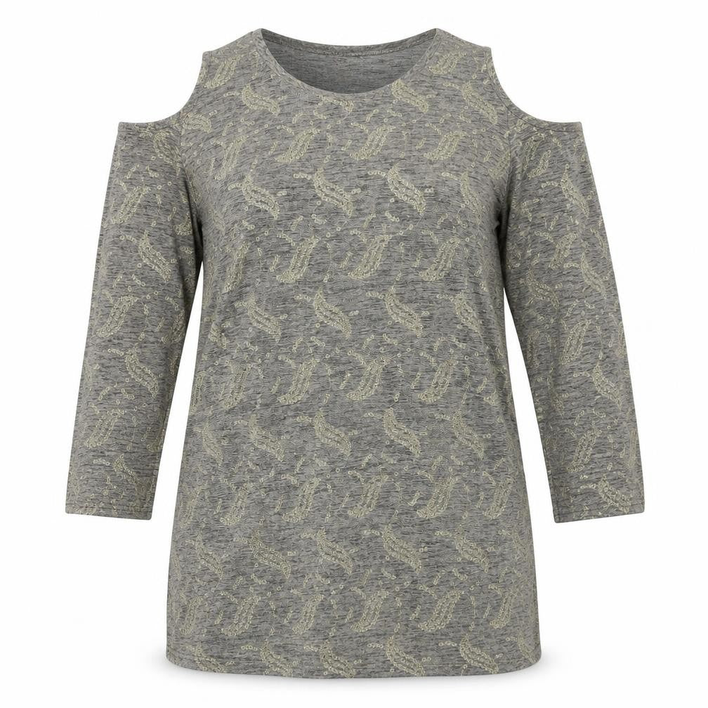 Loca Womens Grey Geometric Polyester Tunic Blouse Size M Scoop Neck - Cold Shoulder
