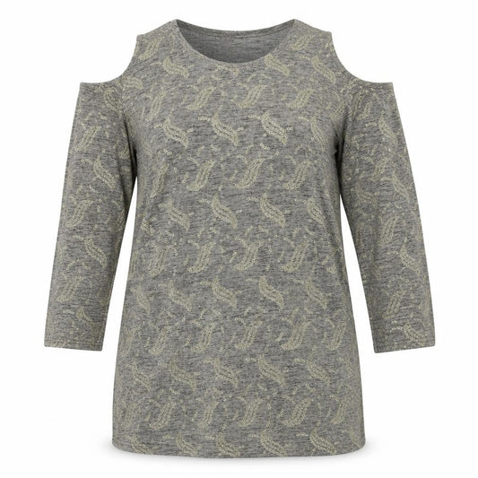 Loca Womens Grey Geometric Polyester Tunic Blouse Size M Scoop Neck - Cold Shoulder