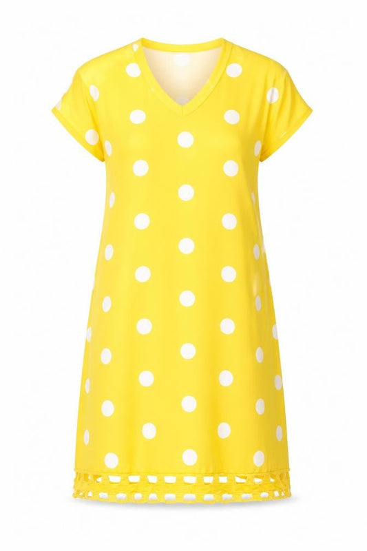 Womens Yellow Polka Dot Polyester T-Shirt Dress Size S V-Neck Pullover