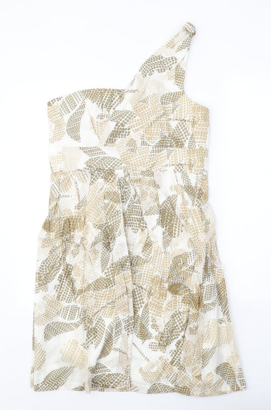Maggy Boutique Womens White Geometric 100% Cotton Fit & Flare Size 8 One Shoulder Zip