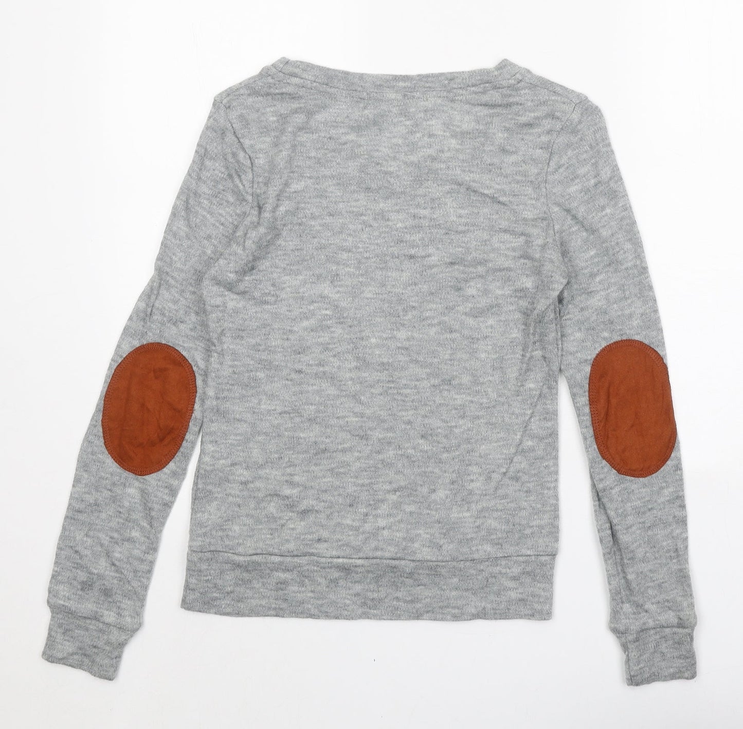 Glamourous Womens Grey Round Neck Acrylic Pullover Jumper Size 8 - Elbow Patches