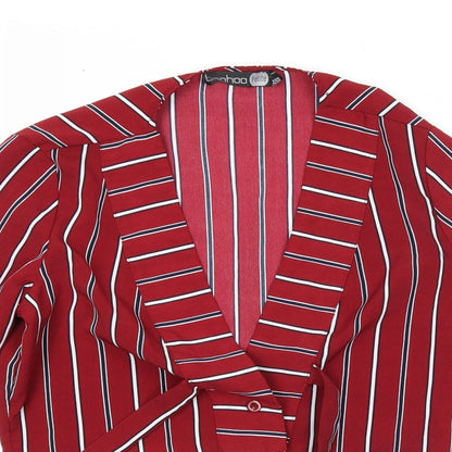 Boohoo Womens Red Striped Polyester Basic Blouse Size 10 V-Neck