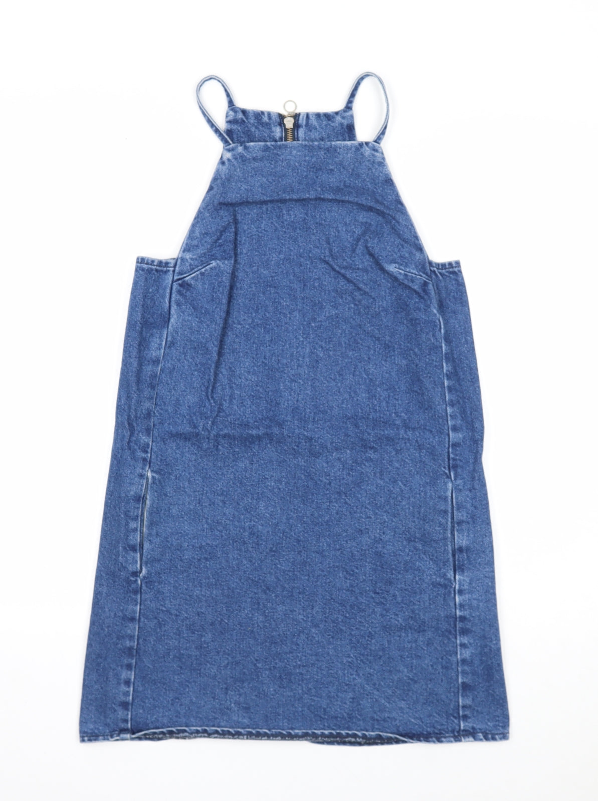 Topshop Womens Blue Cotton Pinafore/Dungaree Dress Size 6 Square Neck Zip