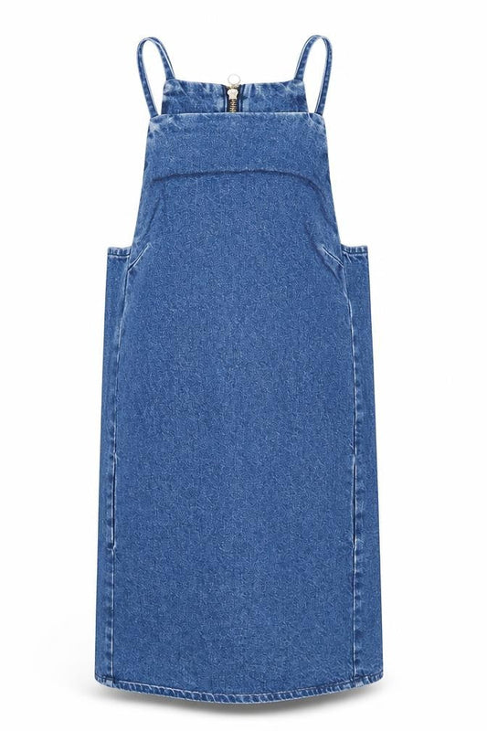 Topshop Womens Blue Cotton Pinafore/Dungaree Dress Size 6 Square Neck Zip