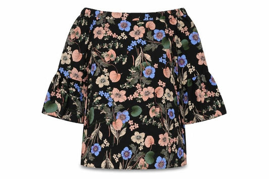 F&F Womens Black Floral Polyester Basic Blouse Size 8 Off the Shoulder