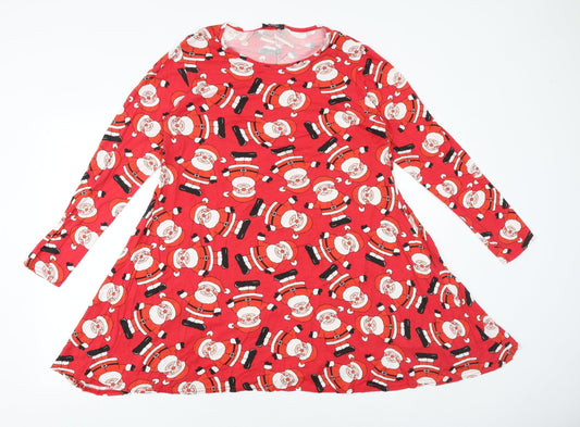Sara Womens Red Geometric Viscose Trapeze & Swing Size S Round Neck Pullover - Father Christmas Pattern