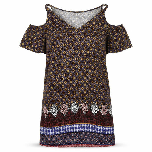 Papaya Womens Multicoloured Geometric Viscose T-Shirt Dress Size 12 V-Neck Pullover - Cold Shoulder