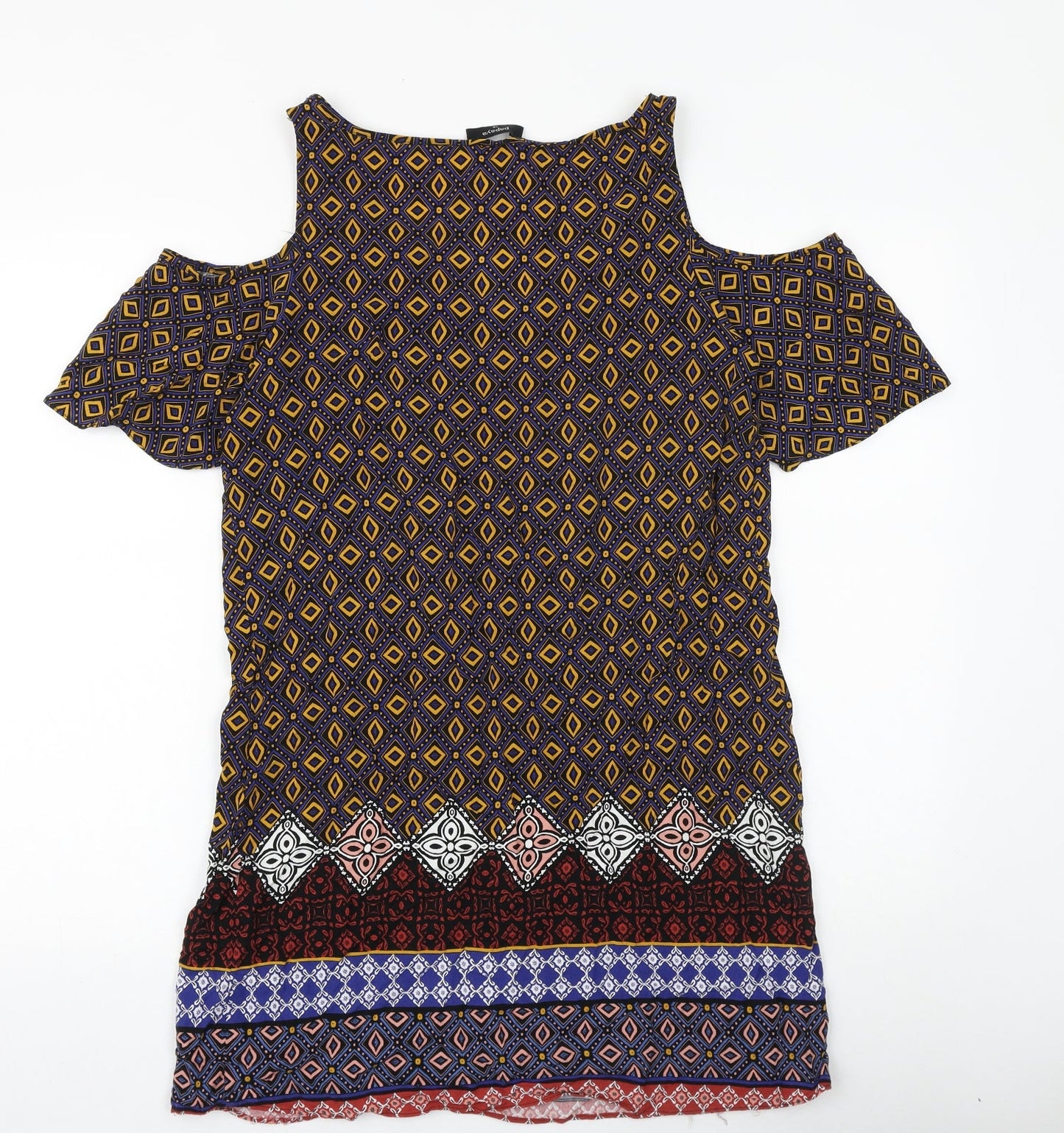 Papaya Womens Multicoloured Geometric Viscose T-Shirt Dress Size 12 V-Neck Pullover - Cold Shoulder