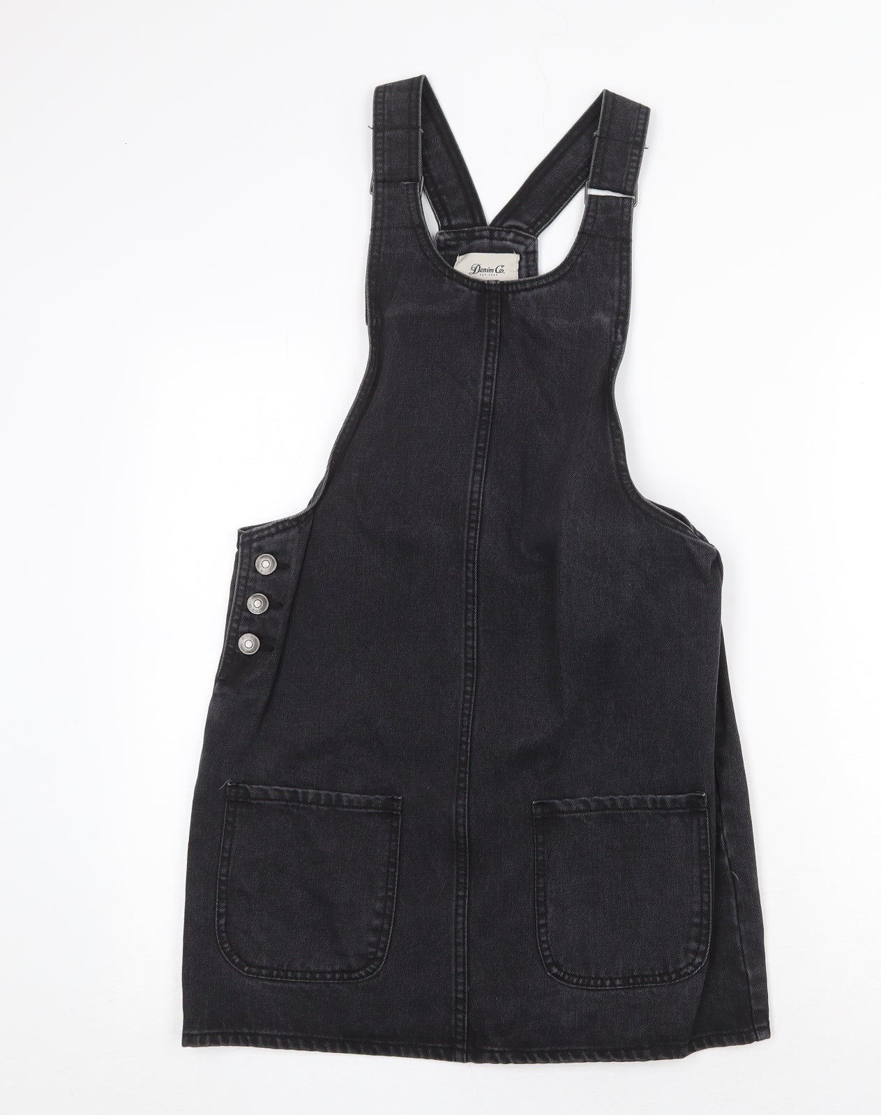 Denim & Co. Womens Grey Cotton Pinafore/Dungaree Dress Size 8 Scoop Neck Buckle