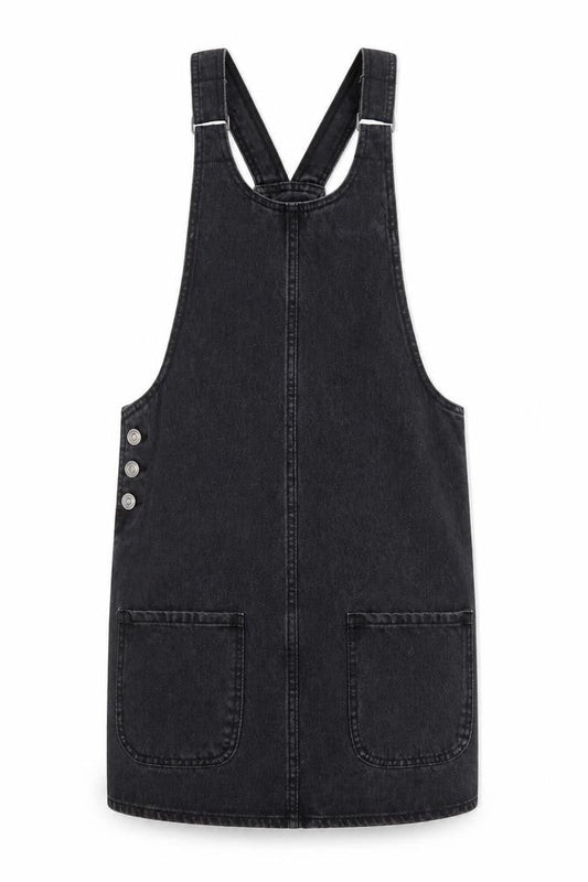 Denim & Co. Womens Grey Cotton Pinafore/Dungaree Dress Size 8 Scoop Neck Buckle