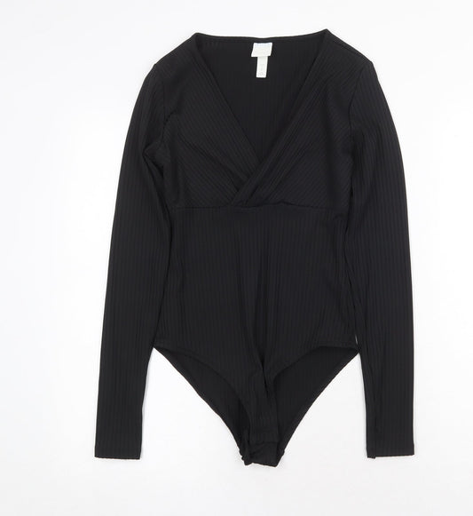 H&M Womens Black Polyester Bodysuit One-Piece Size S Snap - Ribbed