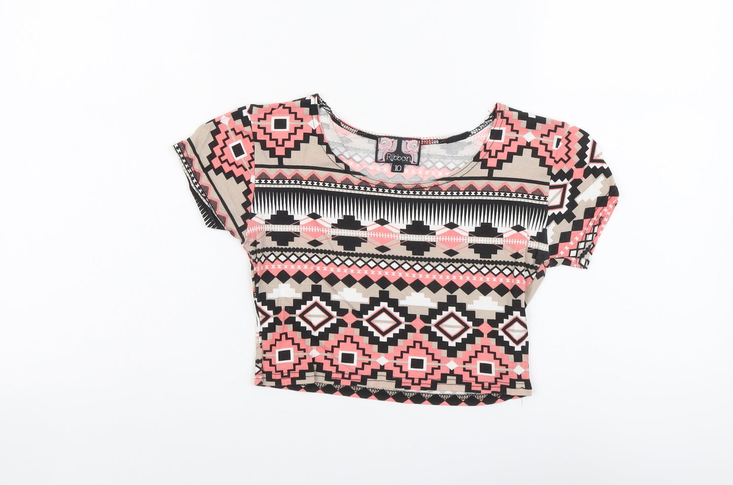 Ribbon Womens Multicoloured Geometric Viscose Cropped T-Shirt Size 10 Round Neck